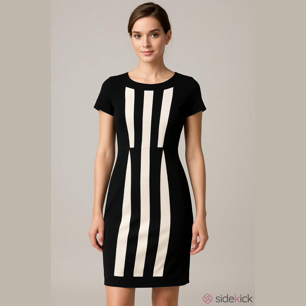 Luisa Cerano cap sleeve black white knee length career dress size 8